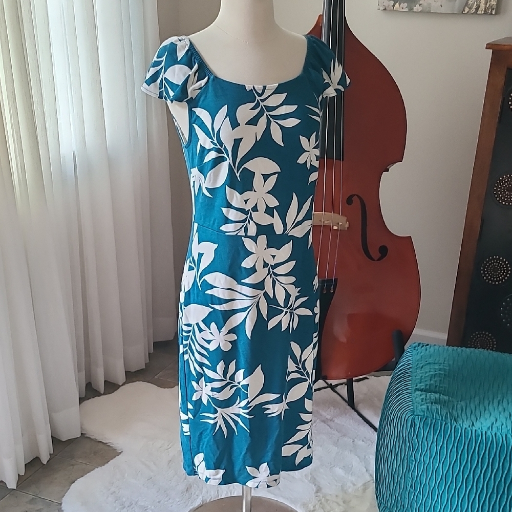 Old Navy RuffleTrim Cap Sleeves Dress GORGEOUS Teal Floral Med Tall EUC
